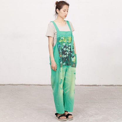 Printed Hole Pockets Casual Loose Overalls