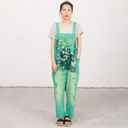 Printed Hole Pockets Casual Loose Overalls