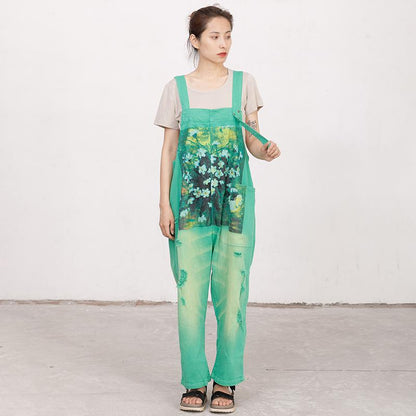 Printed Hole Pockets Casual Loose Overalls