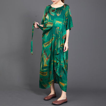 Printed Irregular Hem Lacing Green Dress