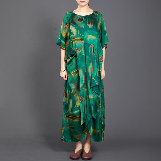 Printed Irregular Hem Lacing Green Dress