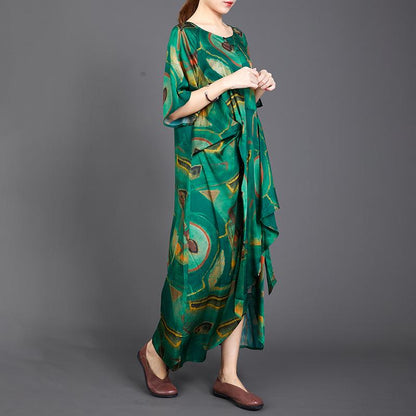 Printed Irregular Hem Lacing Green Dress