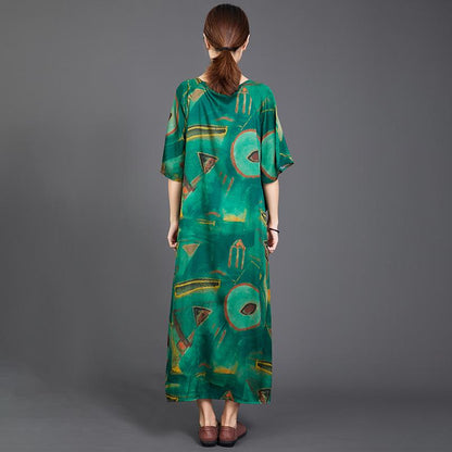 Printed Irregular Hem Lacing Green Dress