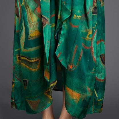 Printed Irregular Hem Lacing Green Dress