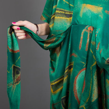 Printed Irregular Hem Lacing Green Dress