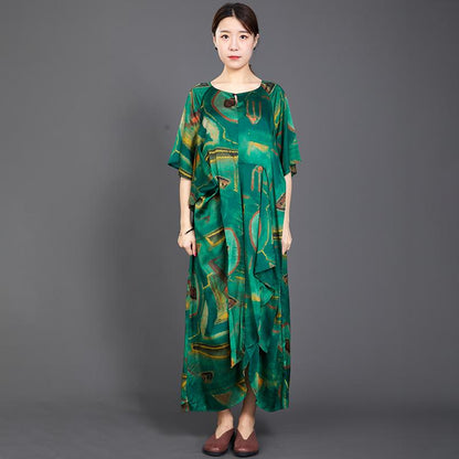 Printed Irregular Hem Lacing Green Dress