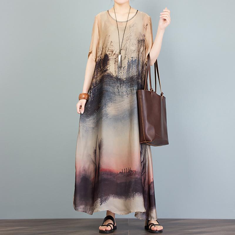 Printed Irregular Short Sleeve Loose A-Line Dress