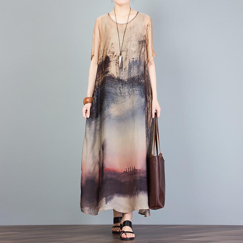 Printed Irregular Short Sleeve Loose A-Line Dress