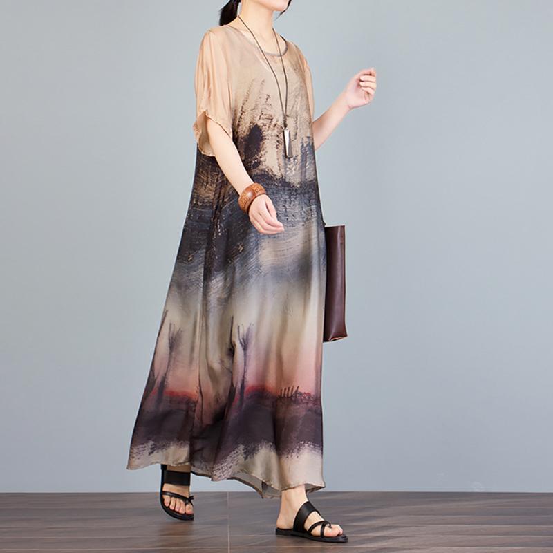 Printed Irregular Short Sleeve Loose A-Line Dress