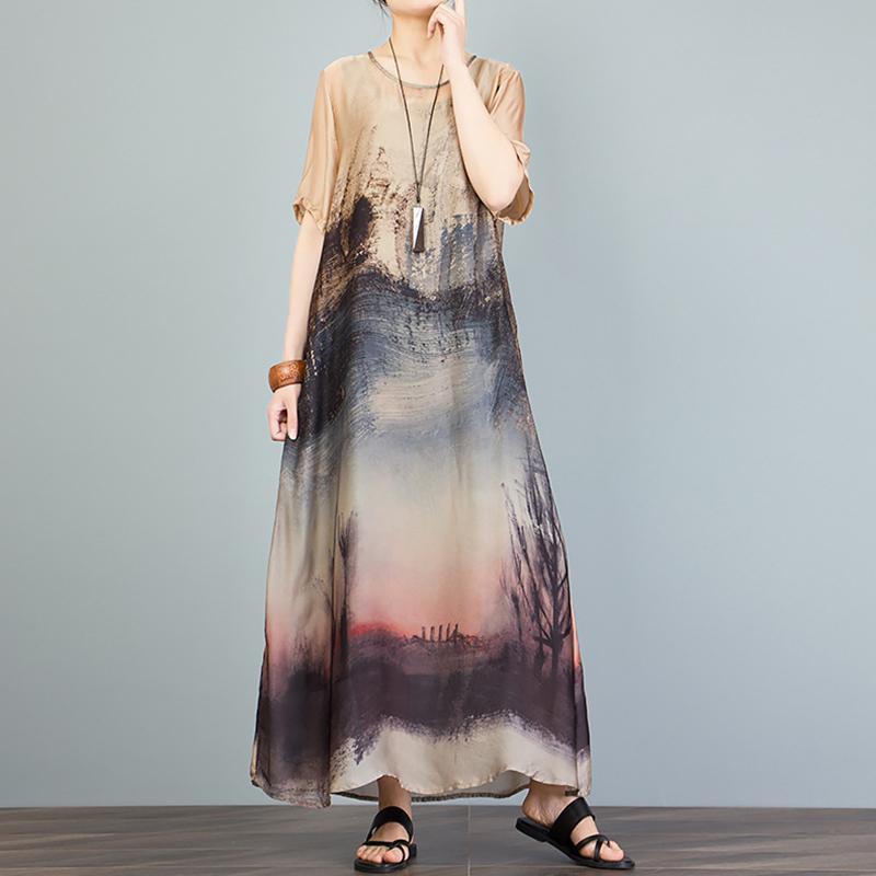 Printed Irregular Short Sleeve Loose A-Line Dress