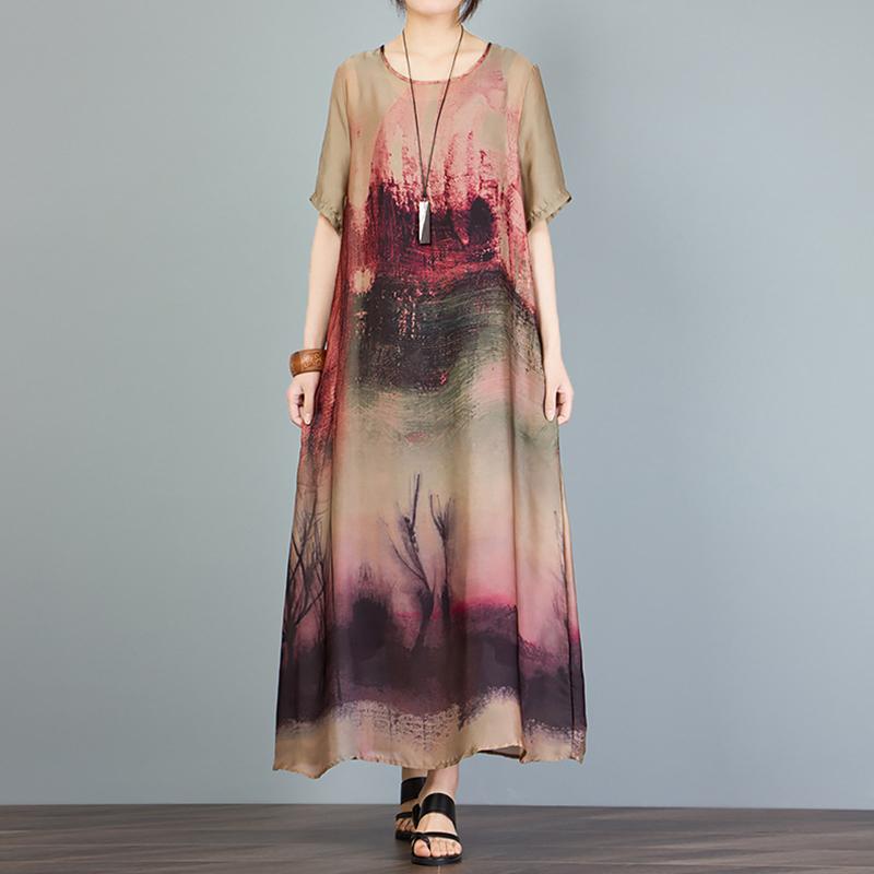 Printed Irregular Short Sleeve Loose A-Line Dress