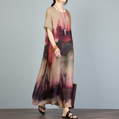 Printed Irregular Short Sleeve Loose A-Line Dress