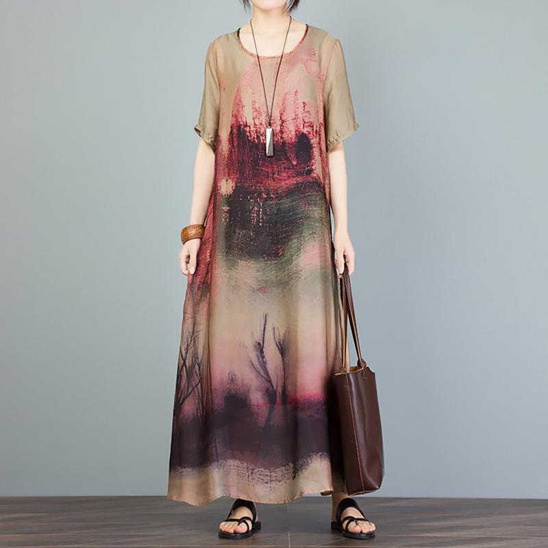 Printed Irregular Short Sleeve Loose A-Line Dress