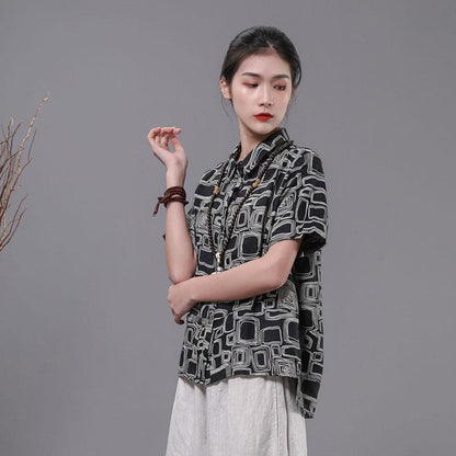 Printed Linen Literary Polo Collar T-Shirt