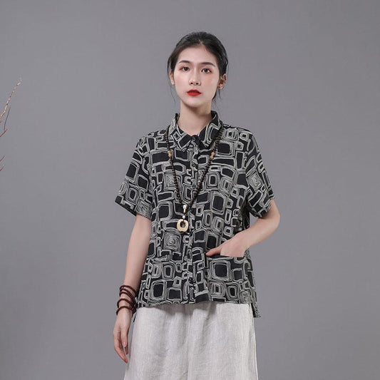 Printed Linen Literary Polo Collar T-Shirt