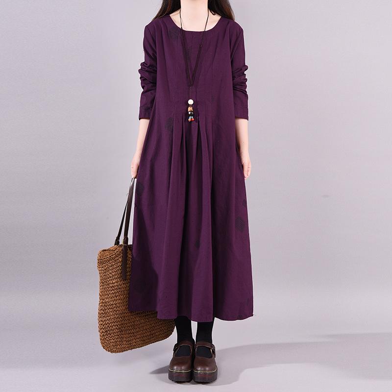 Printed Pleated Casual Round Collar Loose Dress