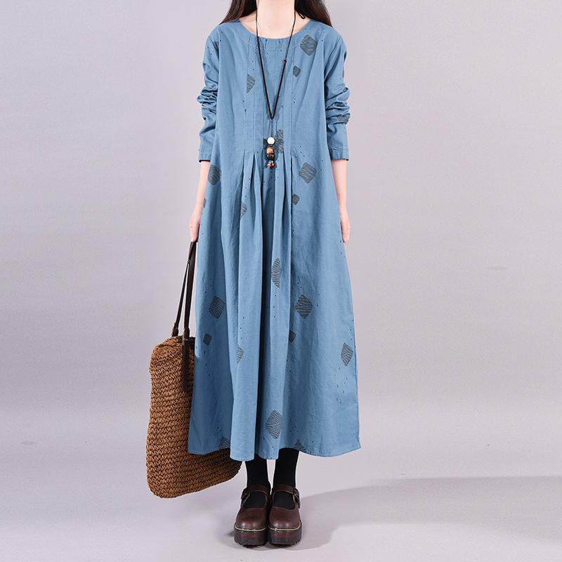 Printed Pleated Casual Round Collar Loose Dress