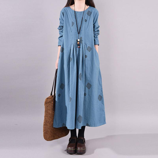 Printed Pleated Casual Round Collar Loose Dress