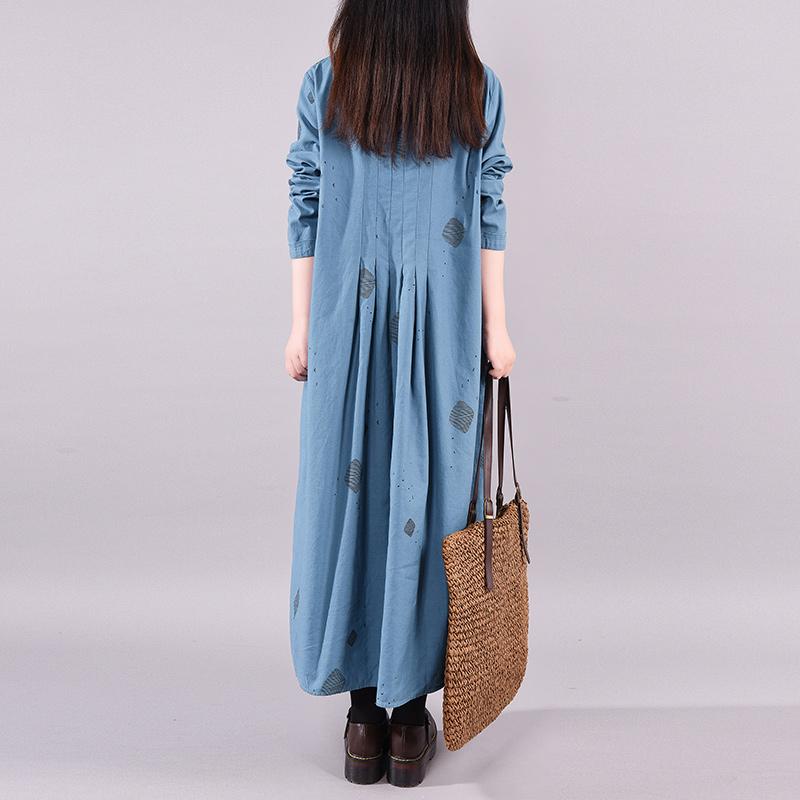 Printed Pleated Casual Round Collar Loose Dress