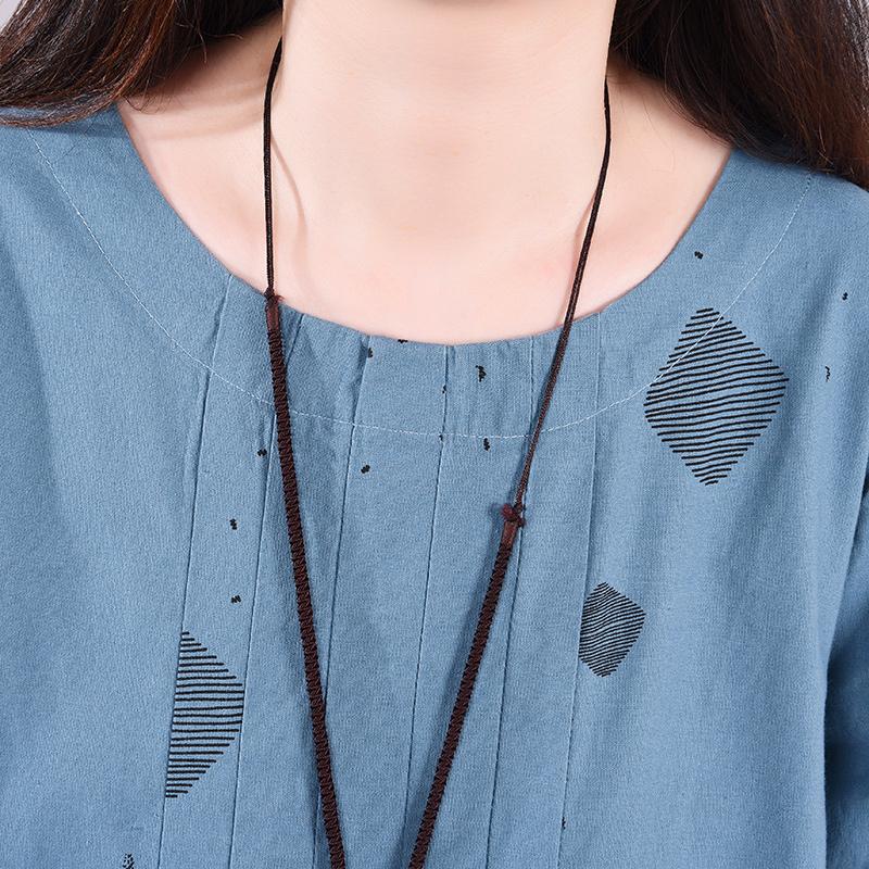 Printed Pleated Casual Round Collar Loose Dress