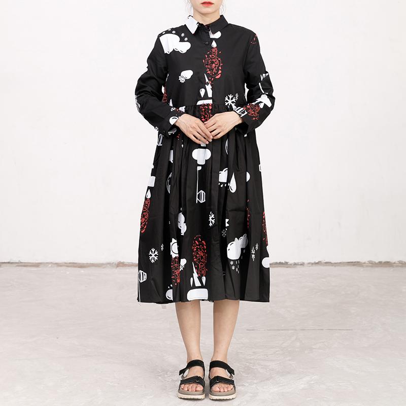Printed Polo Collar Long Sleeve Cotton Pleated Dress