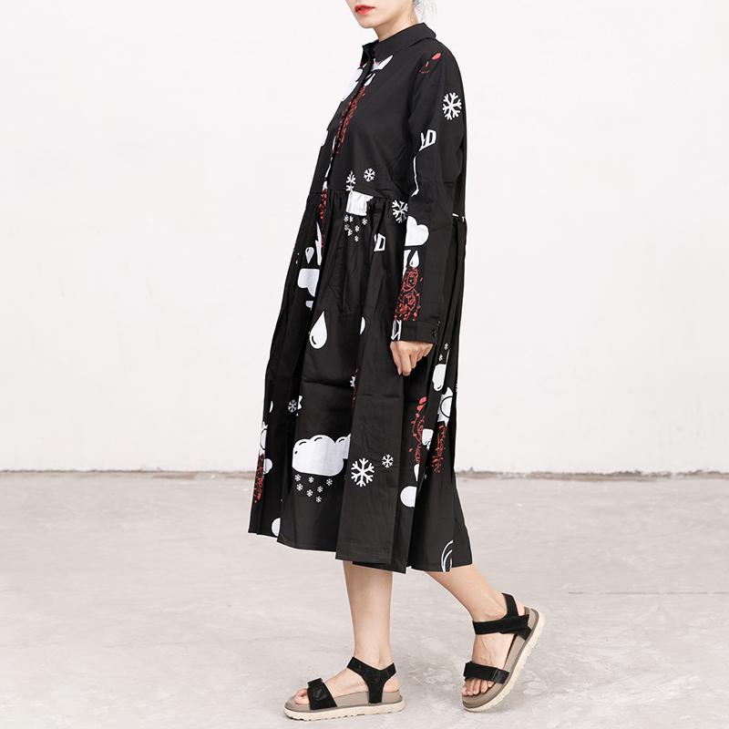 Printed Polo Collar Long Sleeve Cotton Pleated Dress