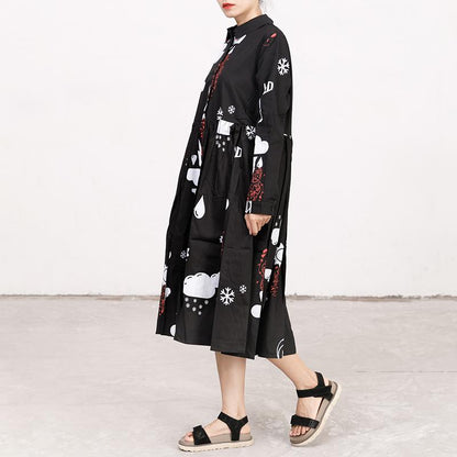 Printed Polo Collar Long Sleeve Cotton Pleated Dress