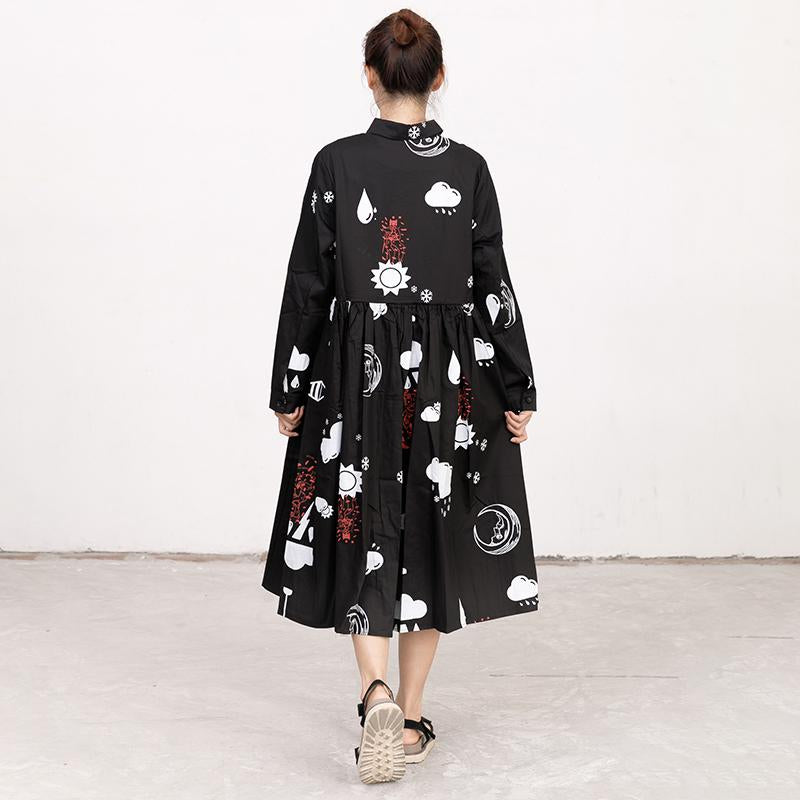 Printed Polo Collar Long Sleeve Cotton Pleated Dress