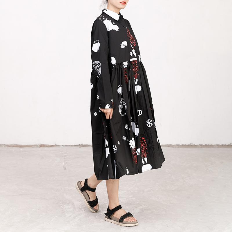 Printed Polo Collar Long Sleeve Cotton Pleated Dress