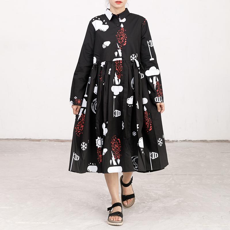Printed Polo Collar Long Sleeve Cotton Pleated Dress