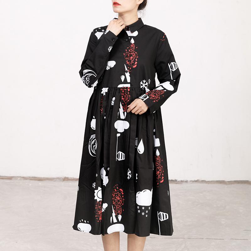 Printed Polo Collar Long Sleeve Cotton Pleated Dress