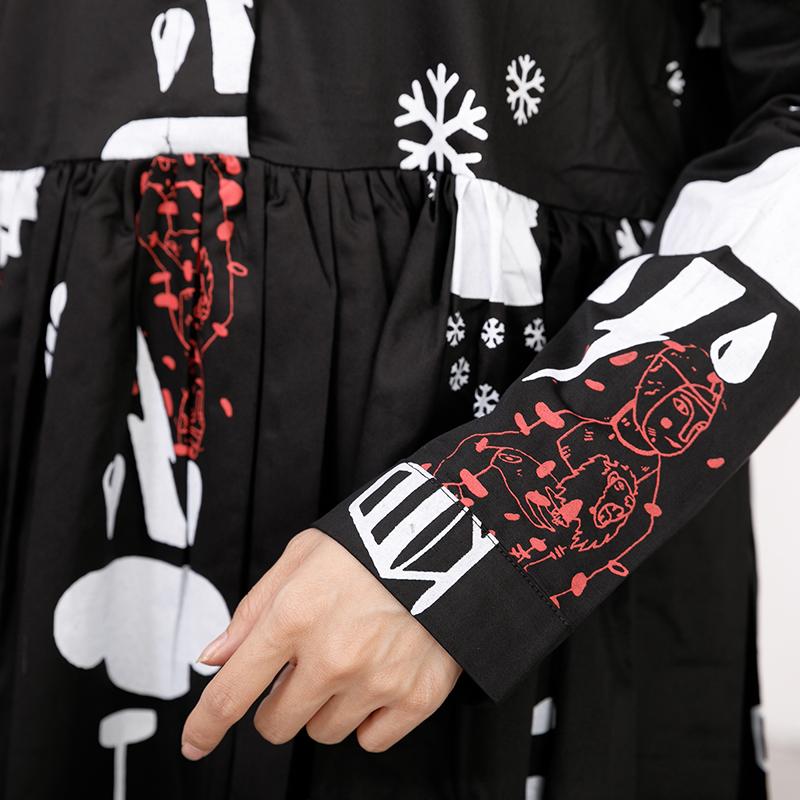 Printed Polo Collar Long Sleeve Cotton Pleated Dress