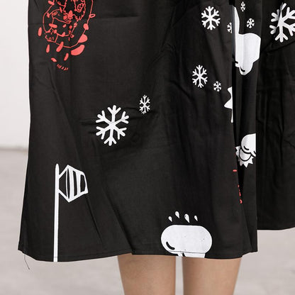 Printed Polo Collar Long Sleeve Cotton Pleated Dress