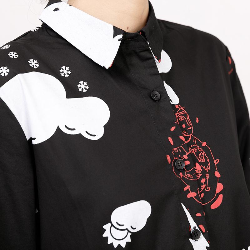 Printed Polo Collar Long Sleeve Cotton Pleated Dress