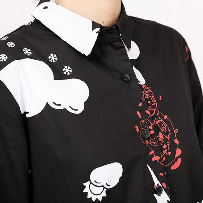 Printed Polo Collar Long Sleeve Cotton Pleated Dress