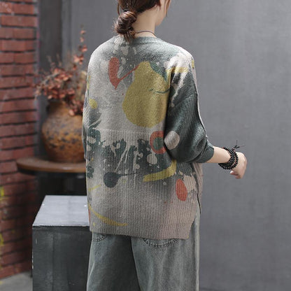 Printed Round Collar Autumn Winter Loose Sweater