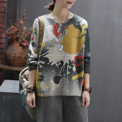Printed Round Collar Autumn Winter Loose Sweater