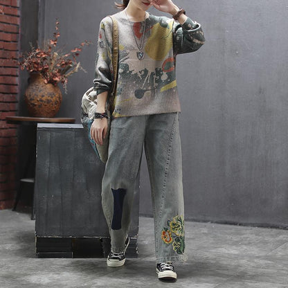 Printed Round Collar Autumn Winter Loose Sweater