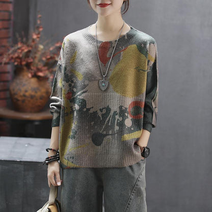 Printed Round Collar Autumn Winter Loose Sweater