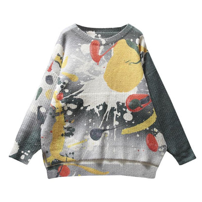 Buykud Printed Round Collar Autumn Winter Loose Sweater
