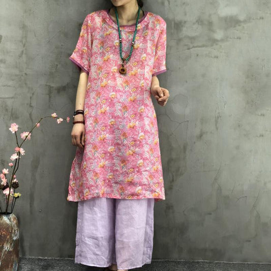 Printed Round Neck Split Women' Dress