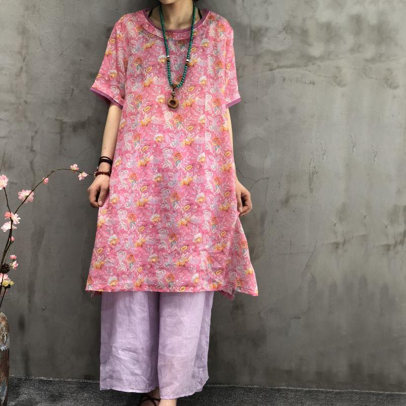 Printed Round Neck Split Women' Dress