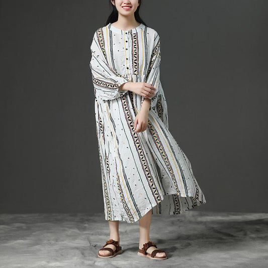 Printing Beige Women Stand Collor Cotton Dress