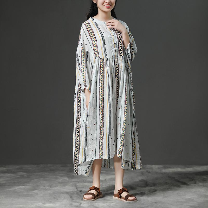 Printing Beige Women Stand Collor Cotton Dress