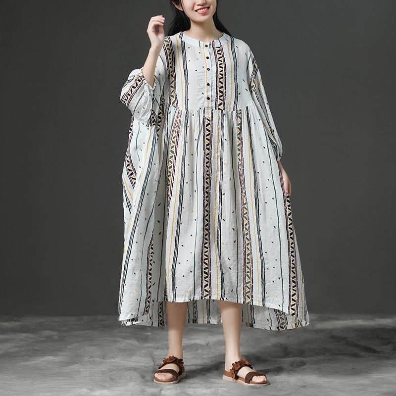 Printing Beige Women Stand Collor Cotton Dress