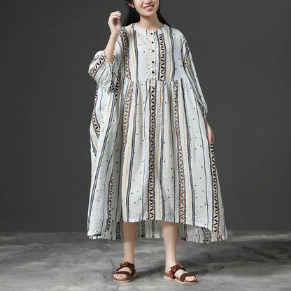 Printing Beige Women Stand Collor Cotton Dress