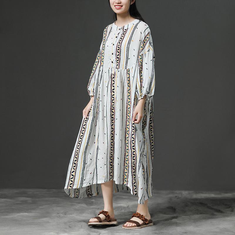 Printing Beige Women Stand Collor Cotton Dress