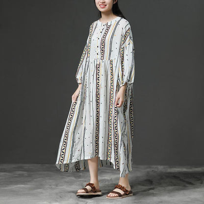 Printing Beige Women Stand Collor Cotton Dress