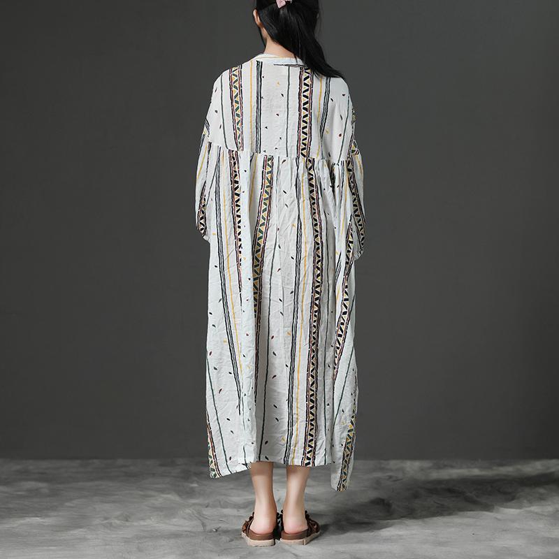 Printing Beige Women Stand Collor Cotton Dress