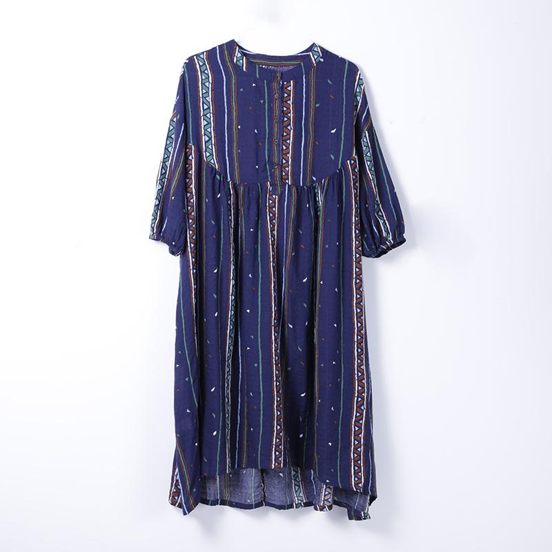 Printing Beige Women Stand Collor Cotton Dress